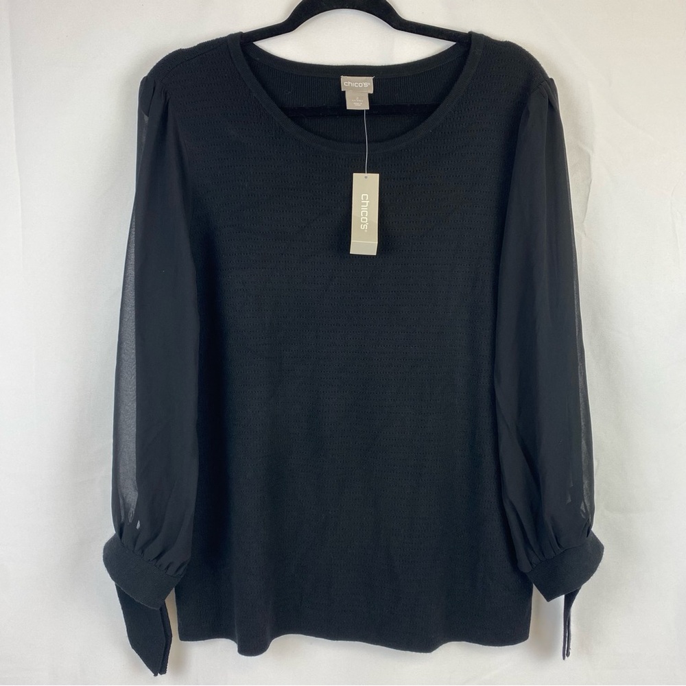 NWT Chico’s Sheer Romantic Sleeve Tie Knit Black Pullover Sweater Size 2/Large